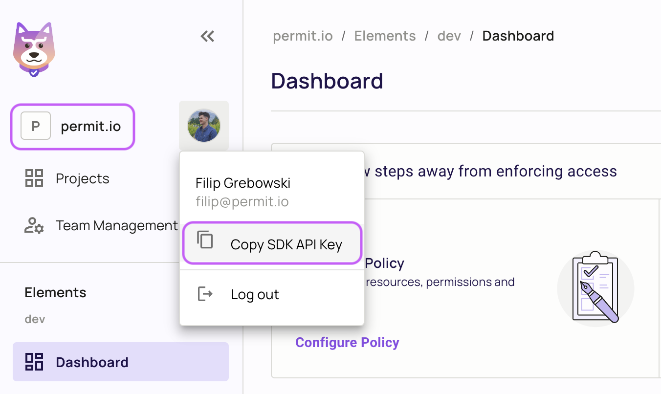 Copy secret key from Projects management